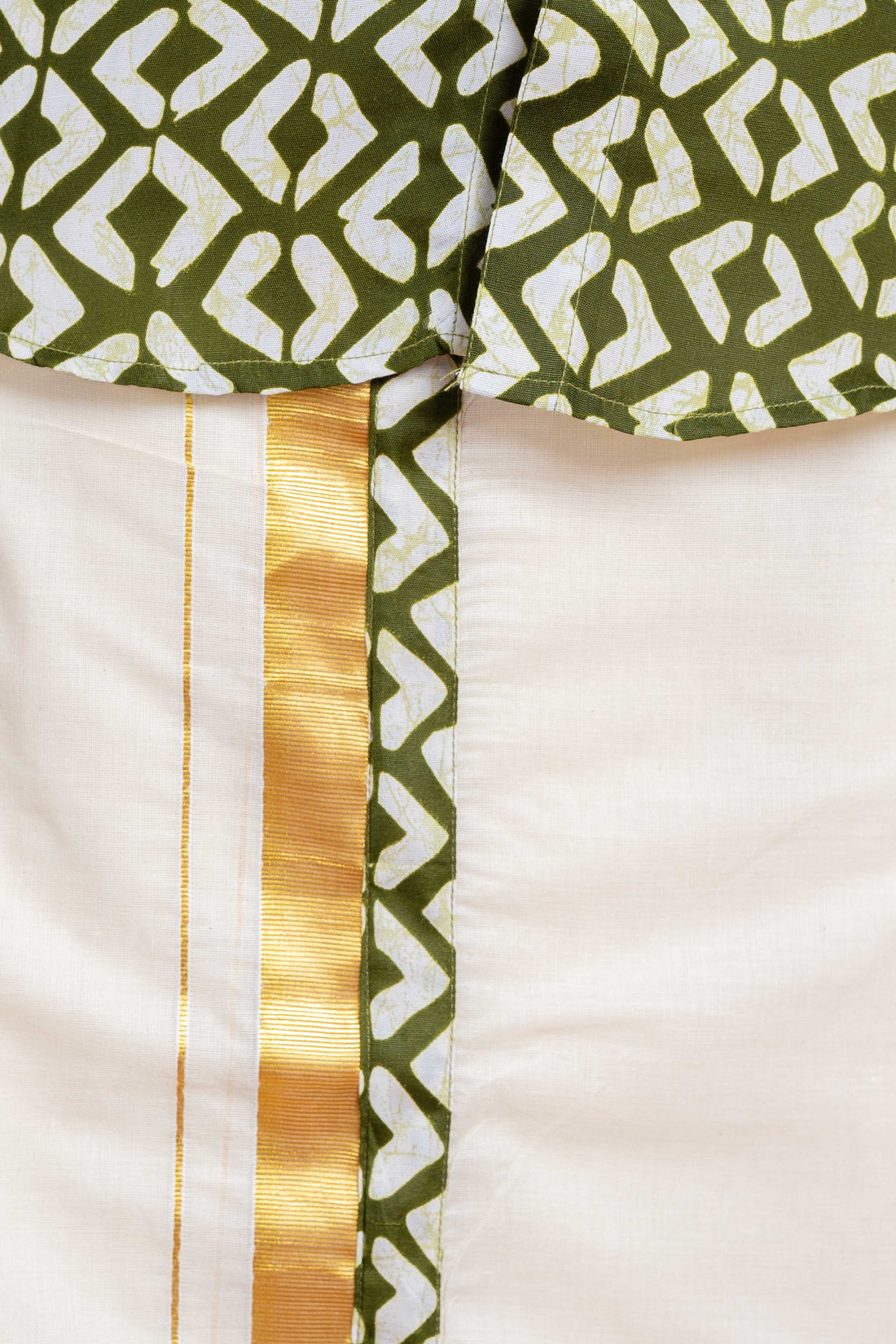 Ethnic Men's Shirt & Dhoti Set Geometric Print Shirt and Kasavu Border Dhoti - Green