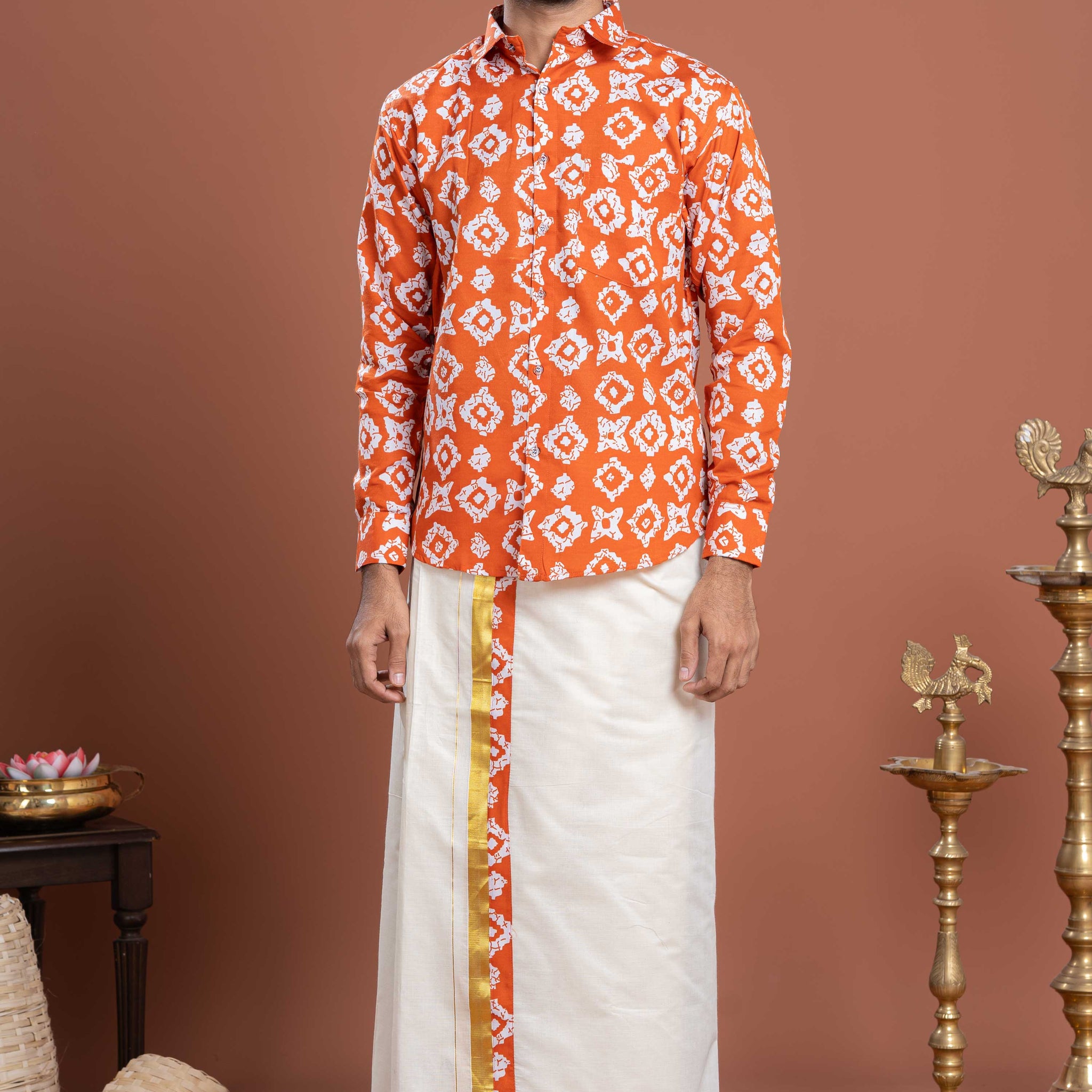 Men's Traditional Printed Shirt & Dhoti Set with Golden Border - Orange