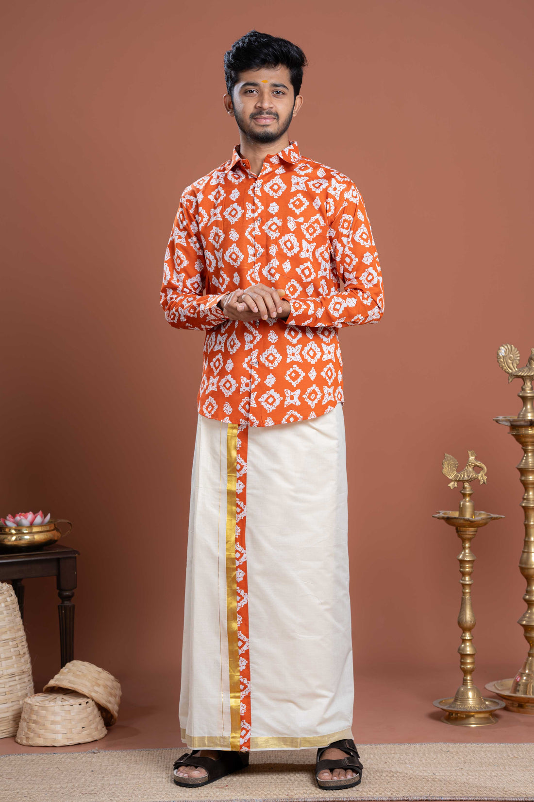 Men's Traditional Printed Shirt & Dhoti Set with Golden Border - Orange