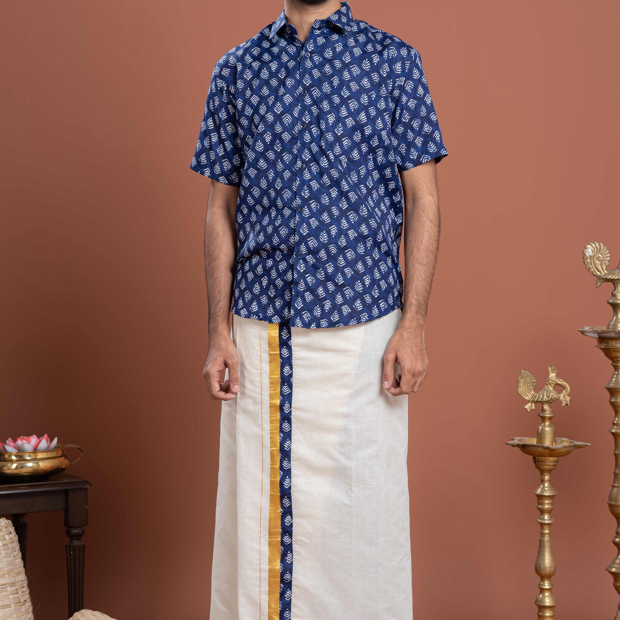 Men's Traditional Ethnic Printed Shirt & Dhoti Set with Zari Border - Blue