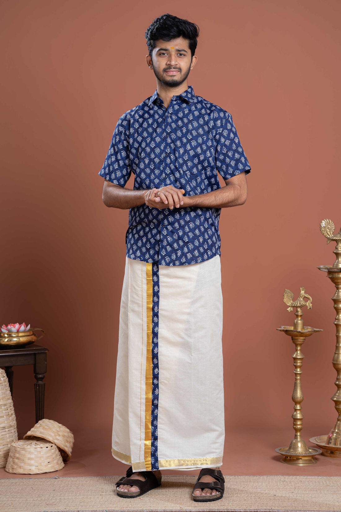 Men's Traditional Ethnic Printed Shirt & Dhoti Set with Zari Border - Blue