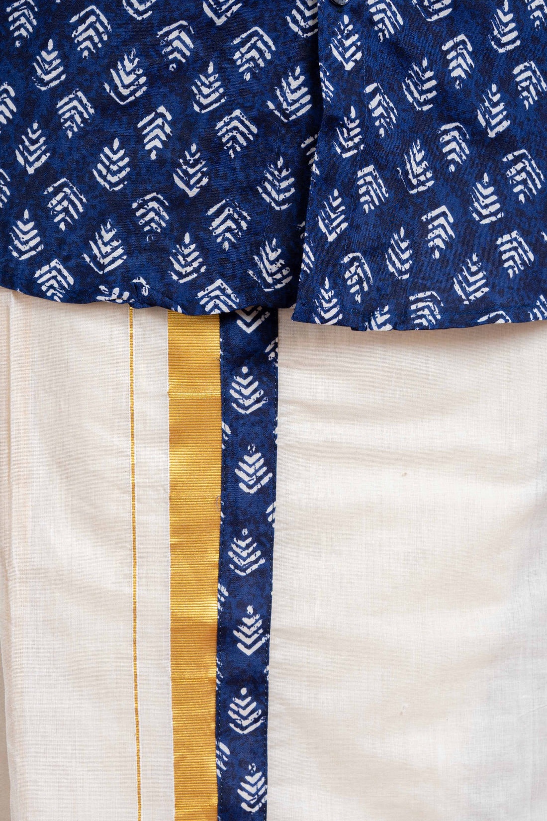 Men's Traditional Ethnic Printed Shirt & Dhoti Set with Zari Border - Blue