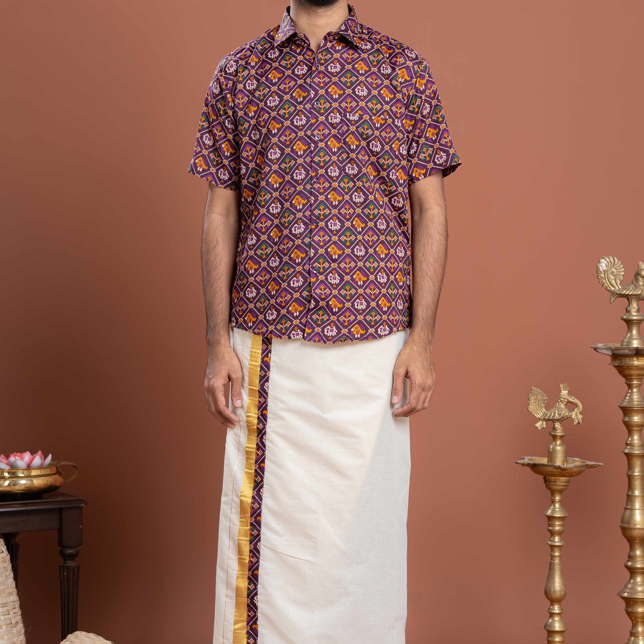 Men's Traditional Ethnic Shirt & Dhoti Set with Ornate Border - Purple