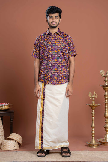 Men's Traditional Ethnic Shirt & Dhoti Set with Ornate Border - Purple