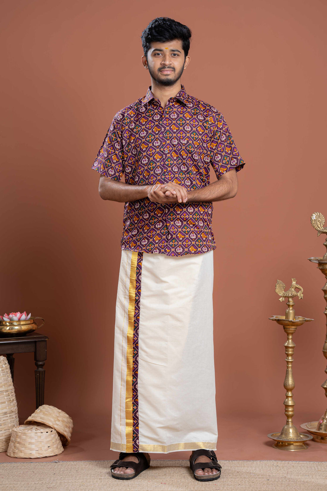 Men's Traditional Ethnic Shirt & Dhoti Set with Ornate Border - Purple