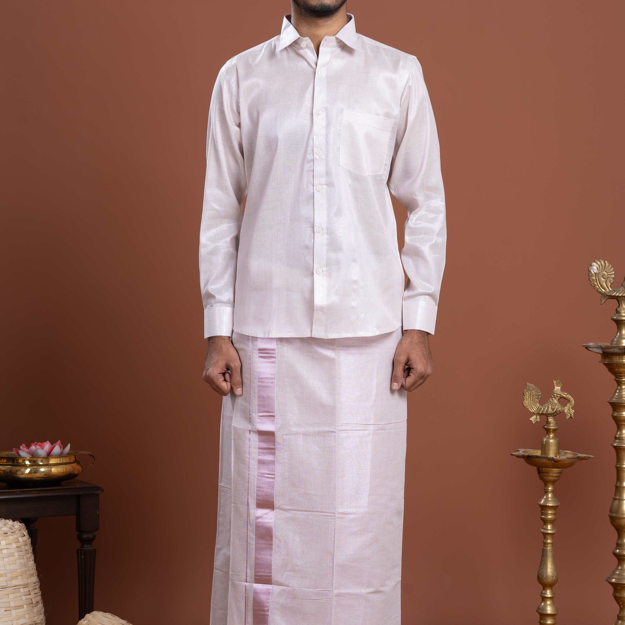 Elegant Men's Ethnic Full Sleeve Shirt & Dhoti Set with Traditional Border - Rose Gold