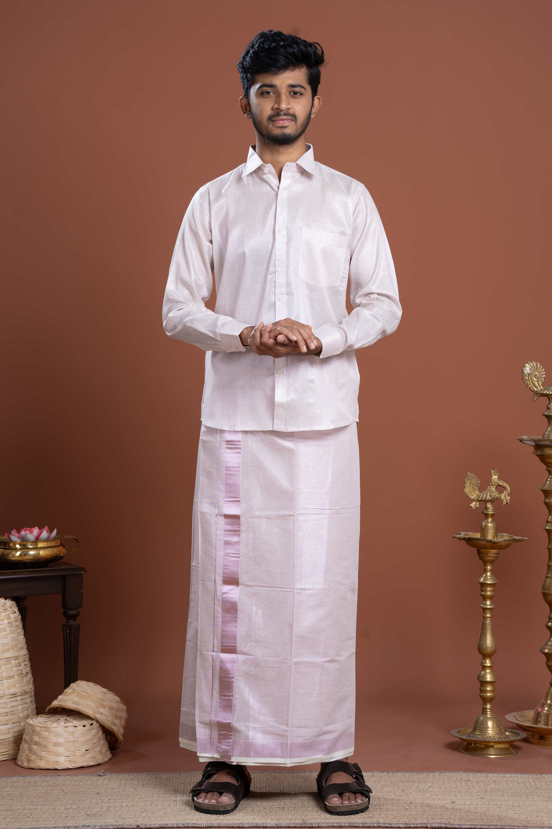 Elegant Men's Ethnic Full Sleeve Shirt & Dhoti Set with Traditional Border - Rose Gold