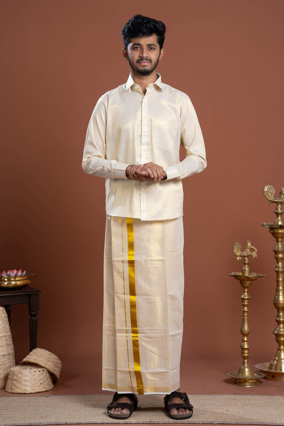 Elegant Men's Ethnic Full Sleeve Shirt & Dhoti Set with Traditional Border - Gold