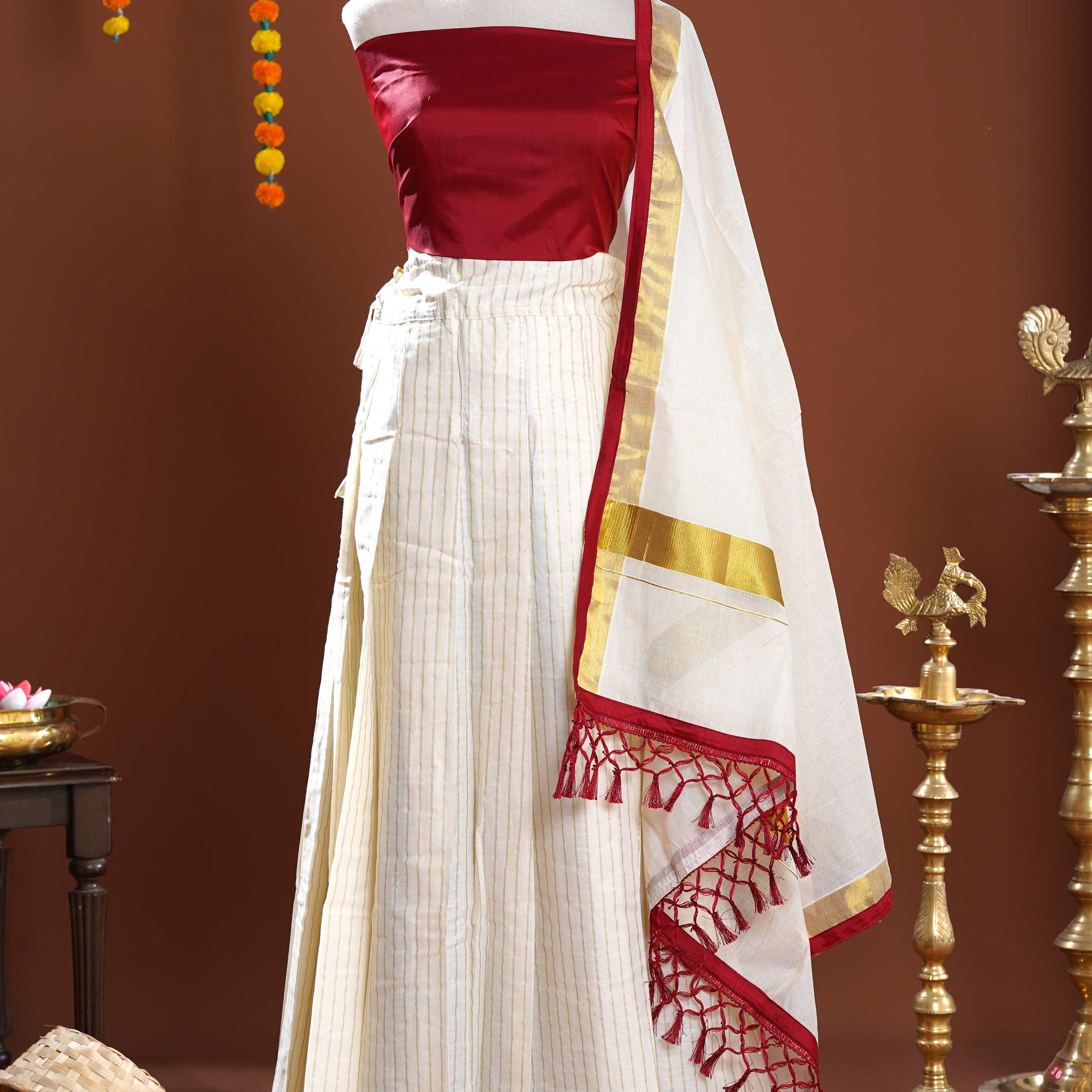 Elegant Semi Stitched Half Saree Lehenga Material with Embellished Blouse Piece and Dupatta - Red