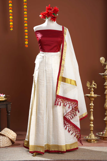 Elegant Semi Stitched Half Saree Lehenga Material with Embellished Blouse Piece and Dupatta - Red