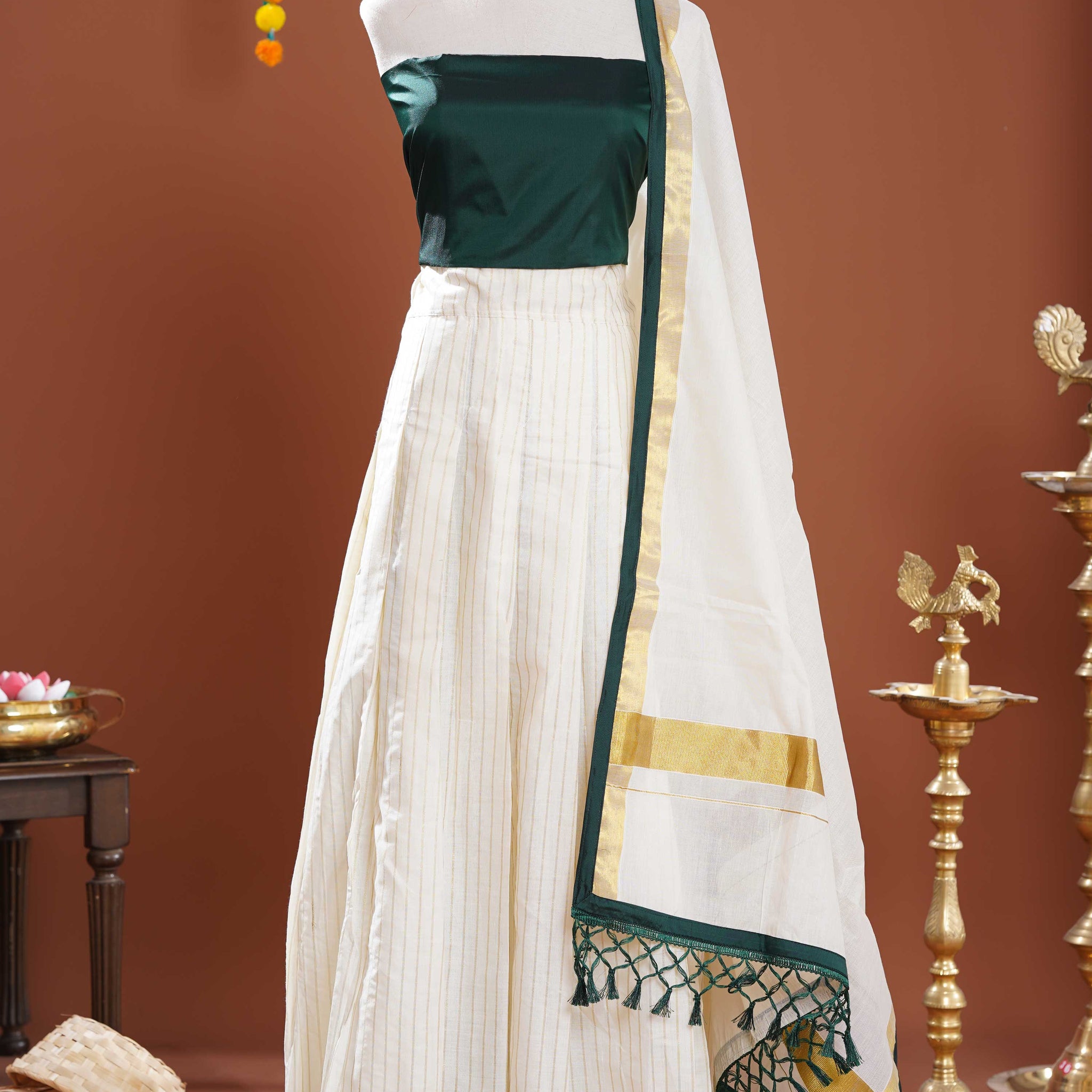 Elegant Semi Stitched Half Saree Lehenga Material with Embellished Blouse Piece and Dupatta - Green