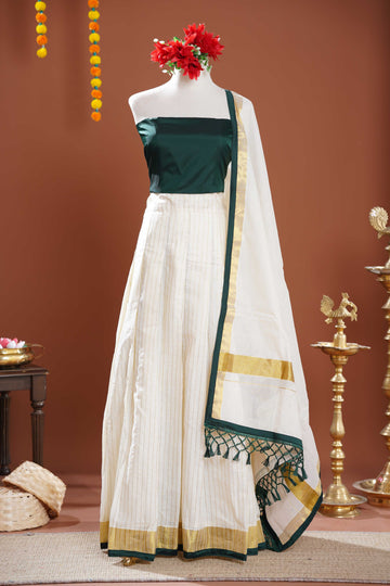 Elegant Semi Stitched Half Saree Lehenga Material with Embellished Blouse Piece and Dupatta - Green