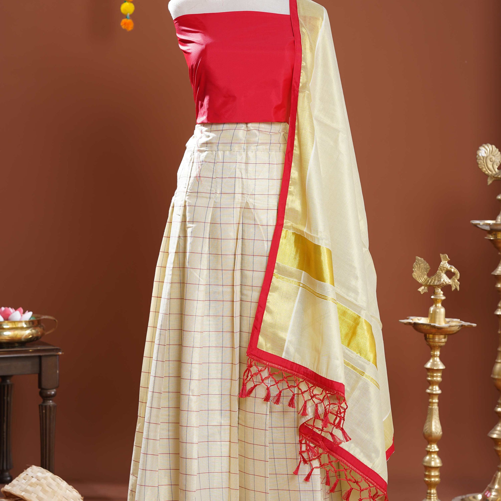 Modern Kerala Tissue Kasavu Half Saree Lehenga Set with Checked Design - Red
