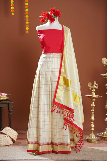 Modern Kerala Tissue Kasavu Half Saree Lehenga Set with Checked Design - Red