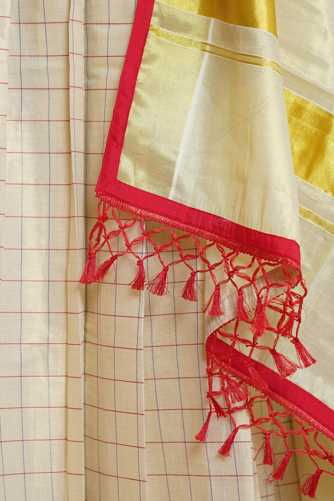 Modern Kerala Tissue Kasavu Half Saree Lehenga Set with Checked Design - Red
