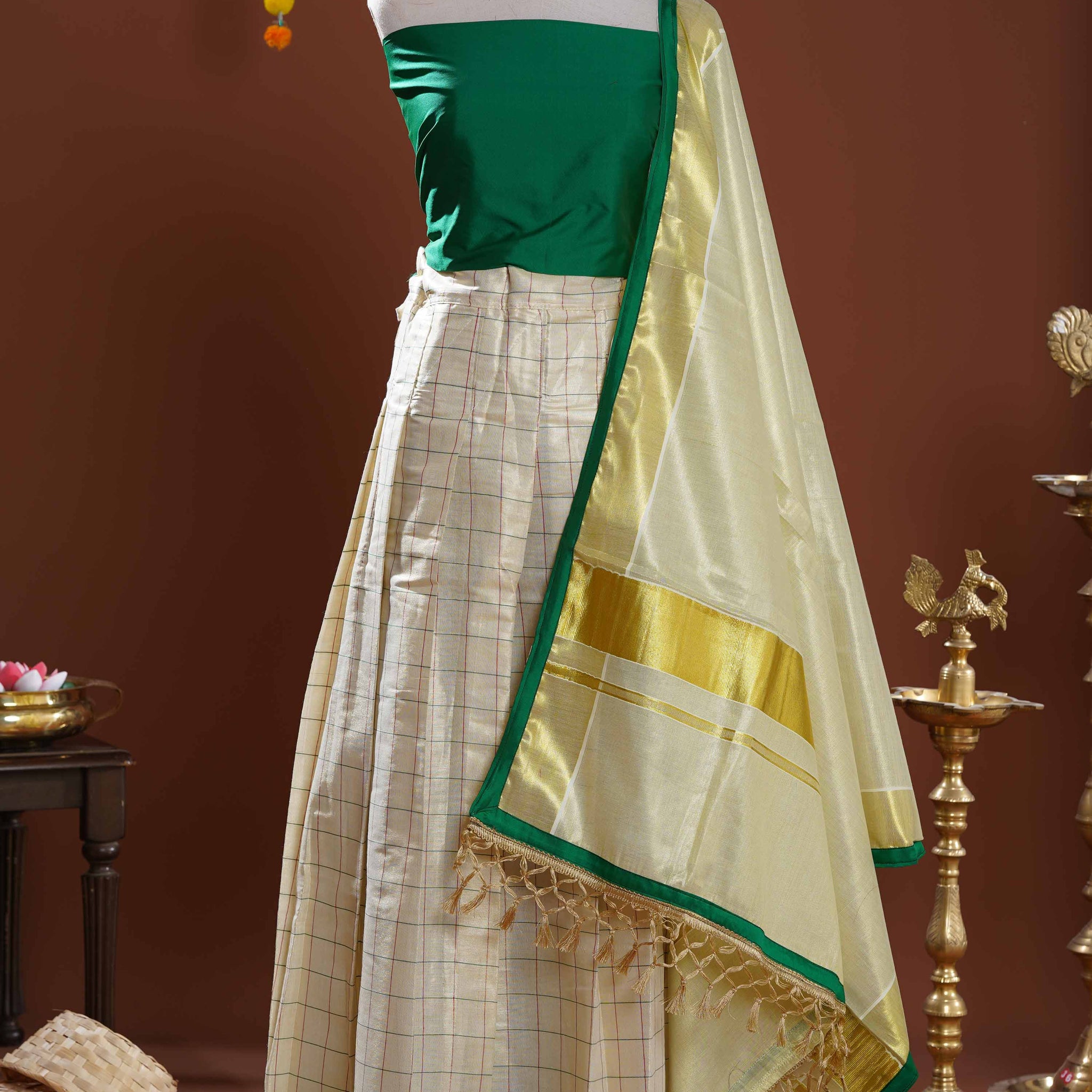 Modern Kerala Tissue Kasavu Half Saree Lehenga Set with Checked Design - Green