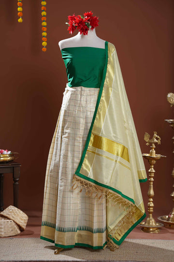 Modern Kerala Tissue Kasavu Half Saree Lehenga Set with Checked Design - Green