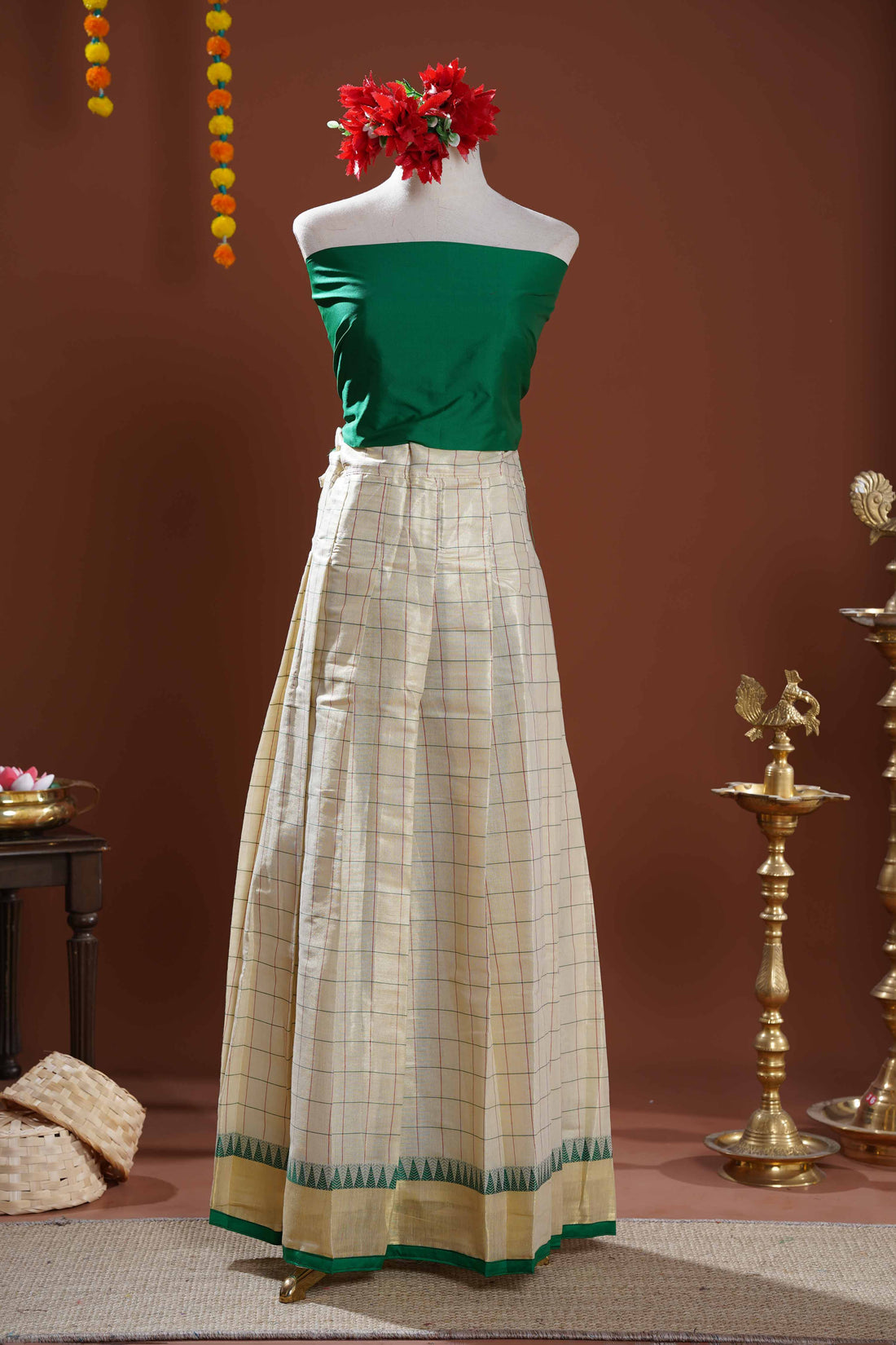 Modern Kerala Tissue Kasavu Half Saree Lehenga Set with Checked Design - Green