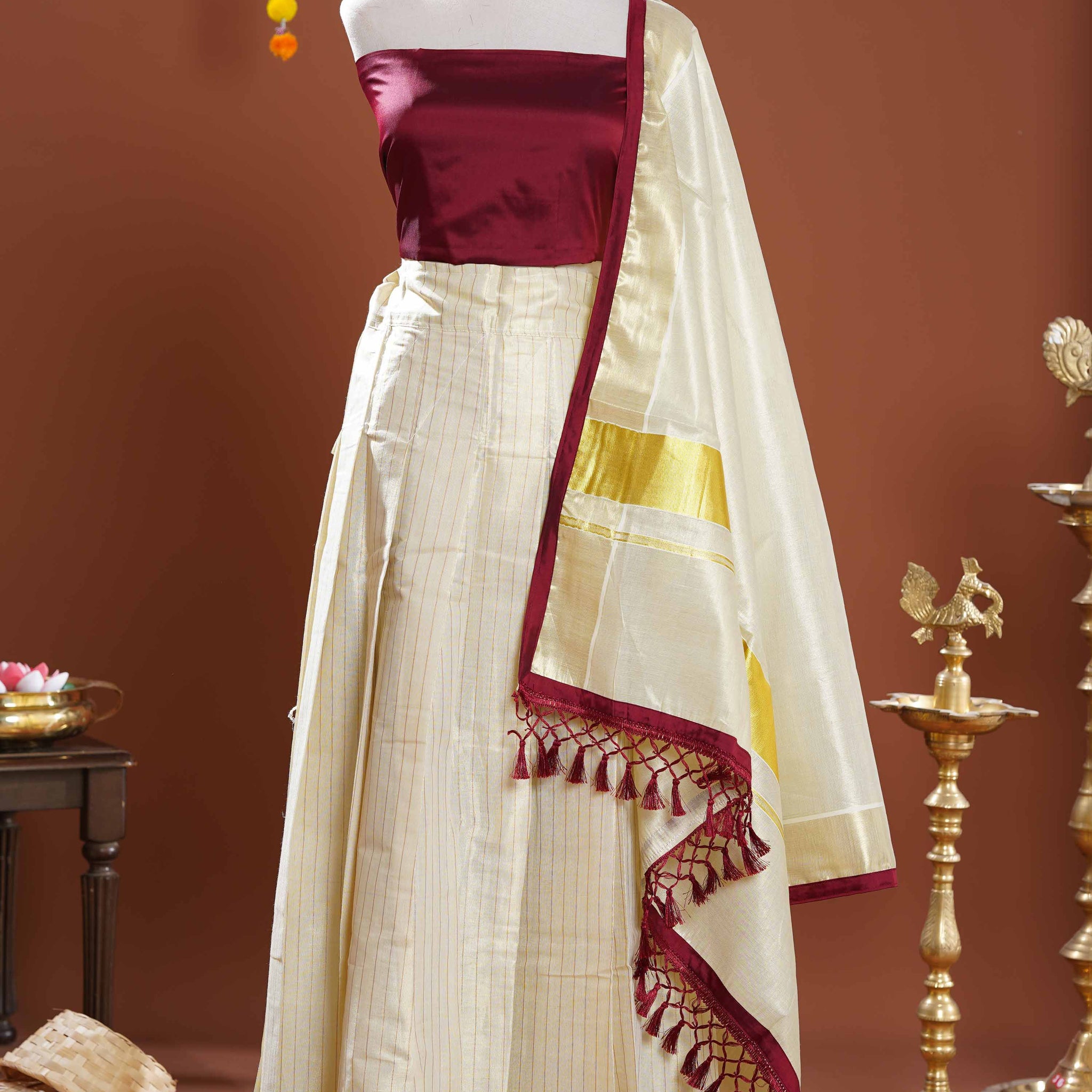 Modern Kerala Tissue Kasavu Half Saree Lehenga Set with Striped Design - Purple