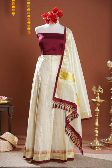 Modern Kerala Tissue Kasavu Half Saree Lehenga Set with Striped Design - Purple