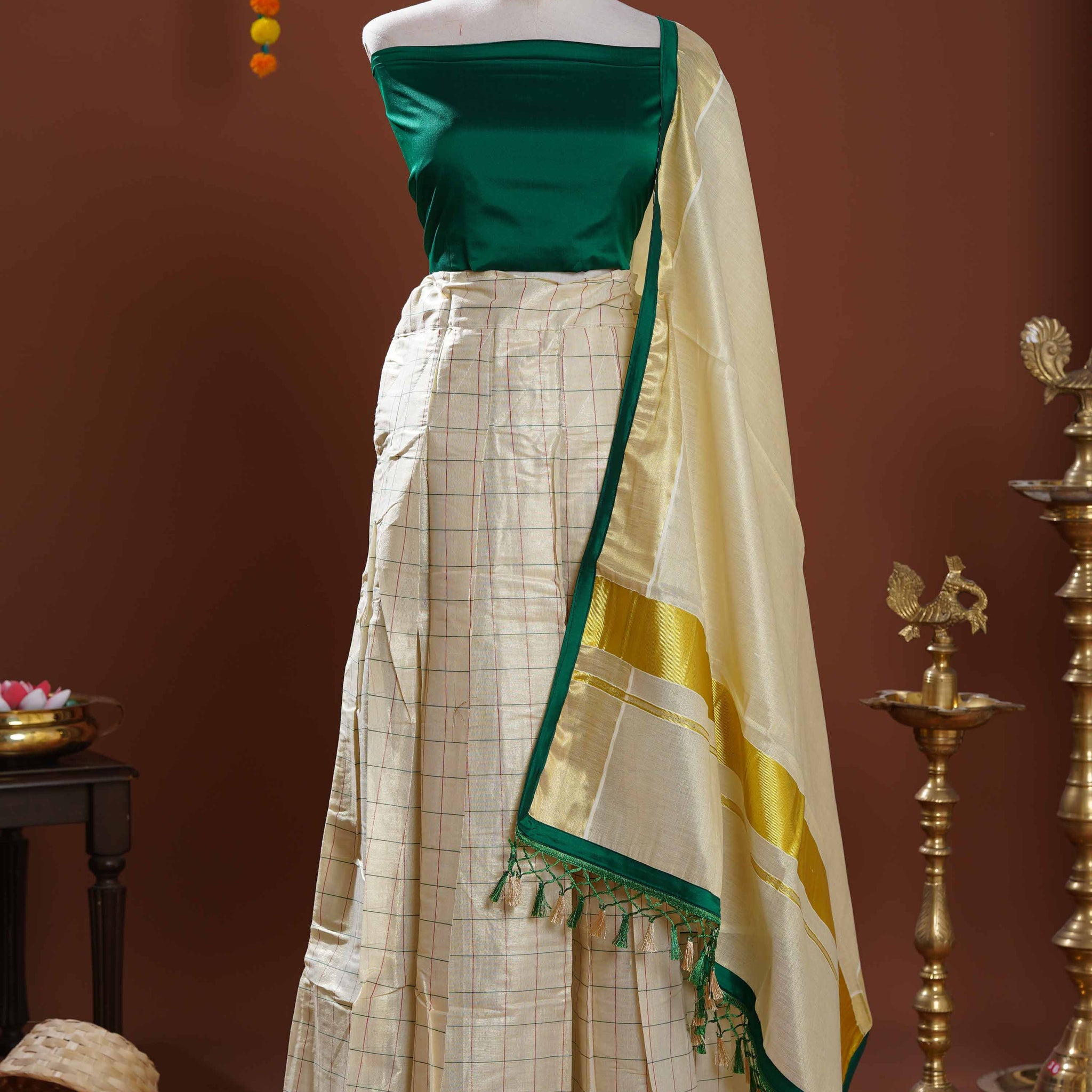 Modern Kerala Tissue Kasavu Half Saree Lehenga Set with Checked Design - Green