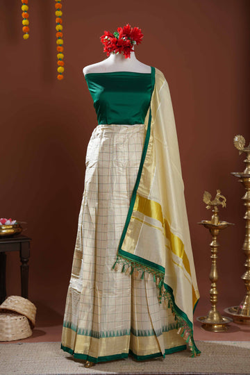 Modern Kerala Tissue Kasavu Half Saree Lehenga Set with Checked Design - Green