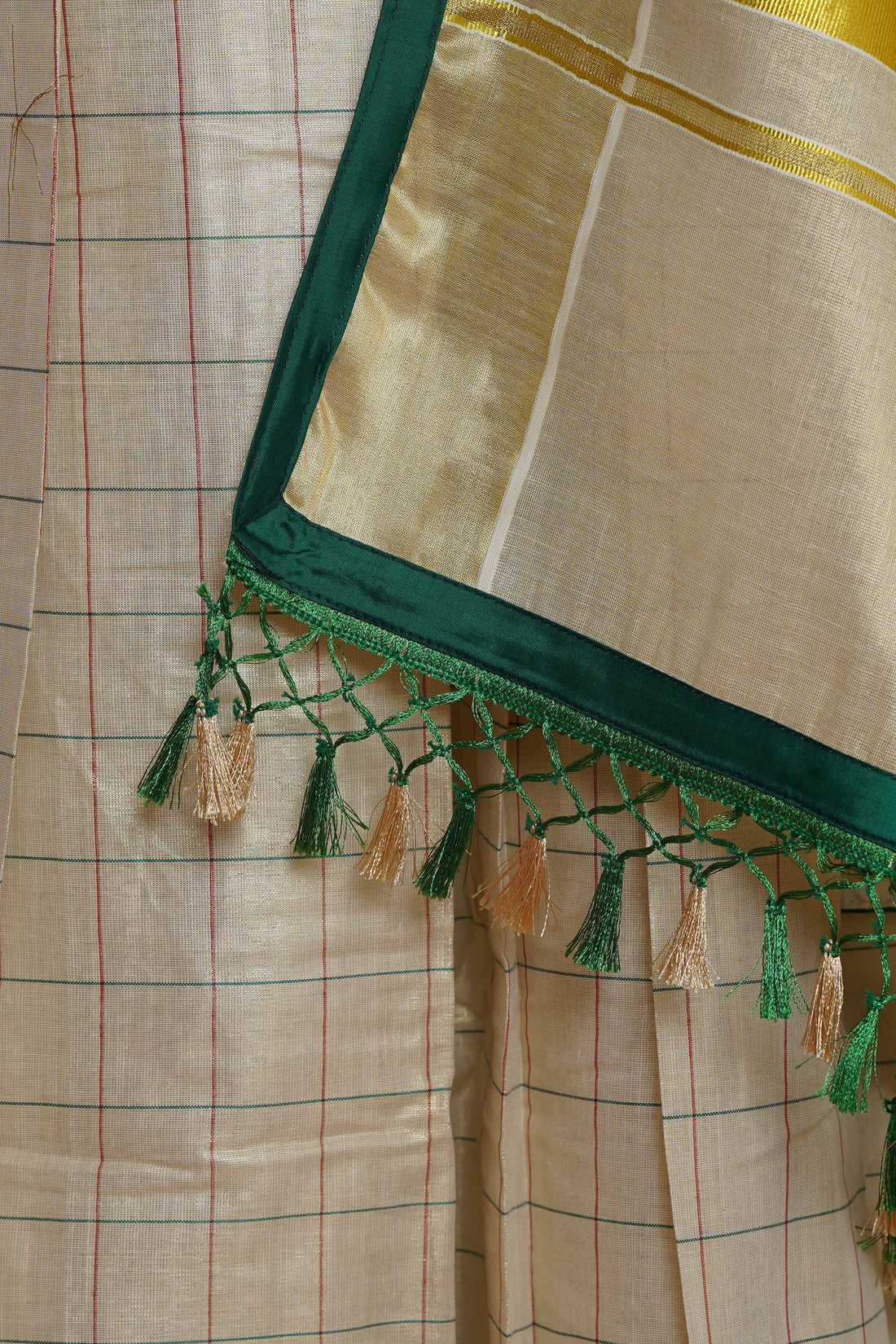 Modern Kerala Tissue Kasavu Half Saree Lehenga Set with Checked Design - Green