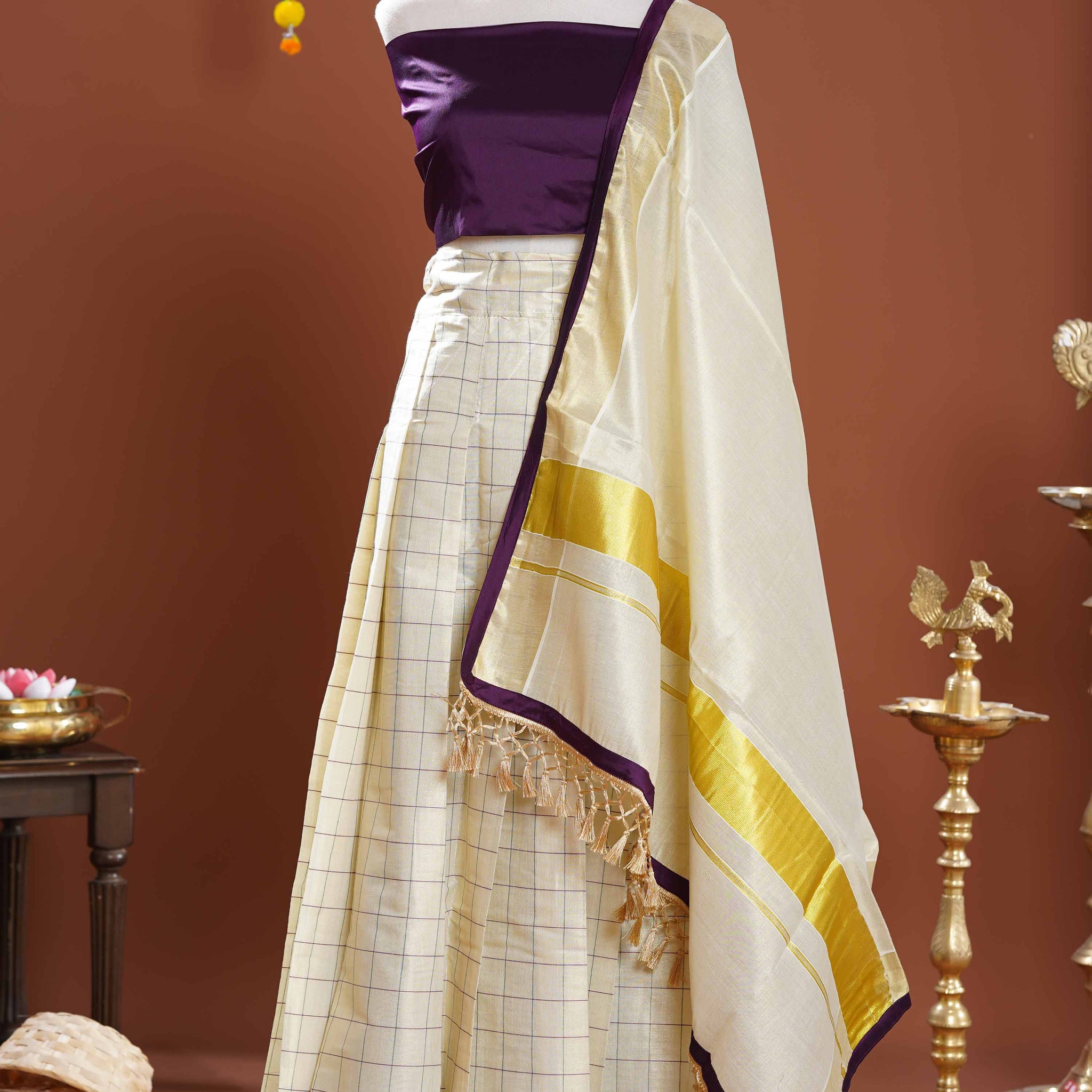 Modern Kerala Tissue Kasavu Half Saree Lehenga Set with Checked Design - Purple