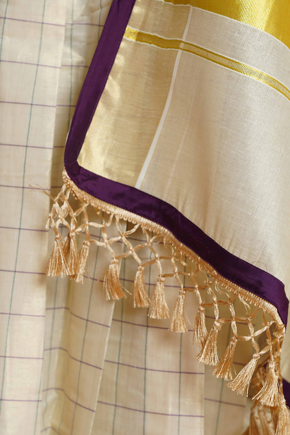 Modern Kerala Tissue Kasavu Half Saree Lehenga Set with Checked Design - Purple