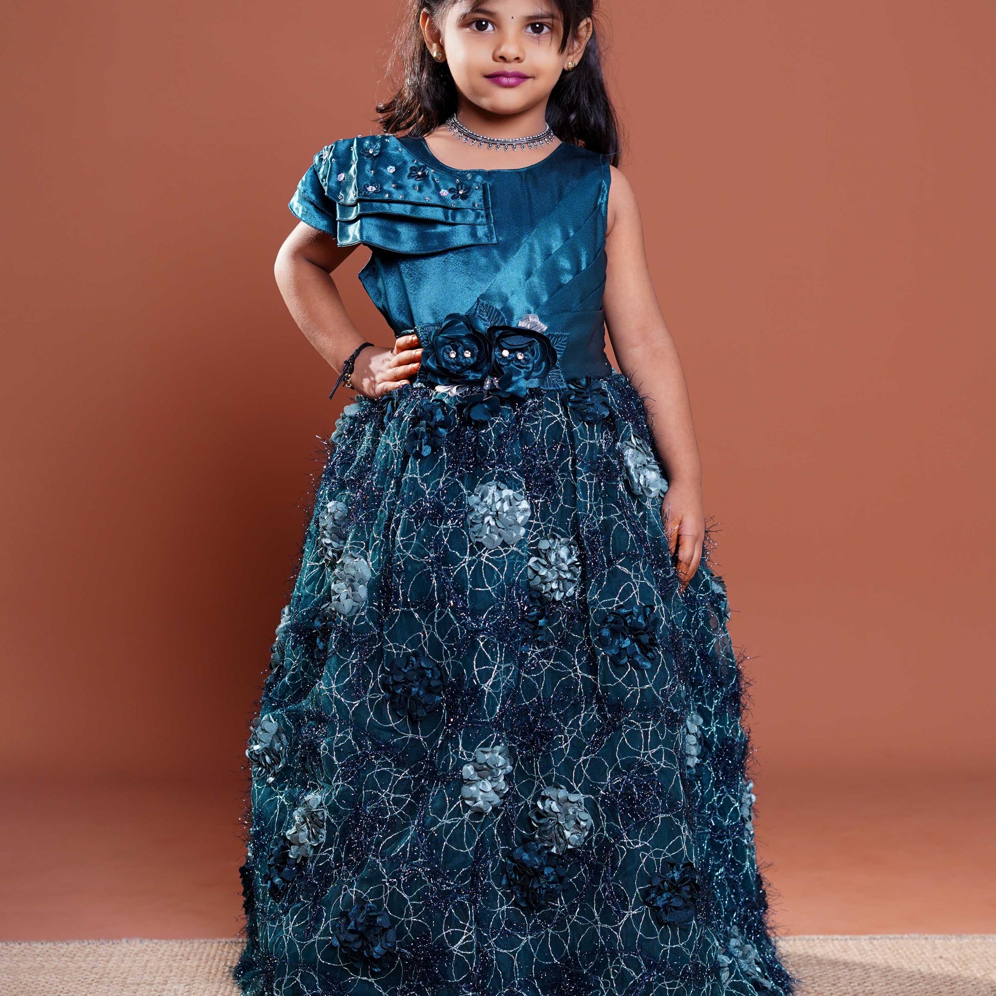 Girls Embellished Party Wear Frock with Floral Appliqués and Flared Net Skirt - Teal