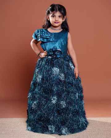 Girls Embellished Party Wear Frock with Floral Appliqués and Flared Net Skirt - Teal