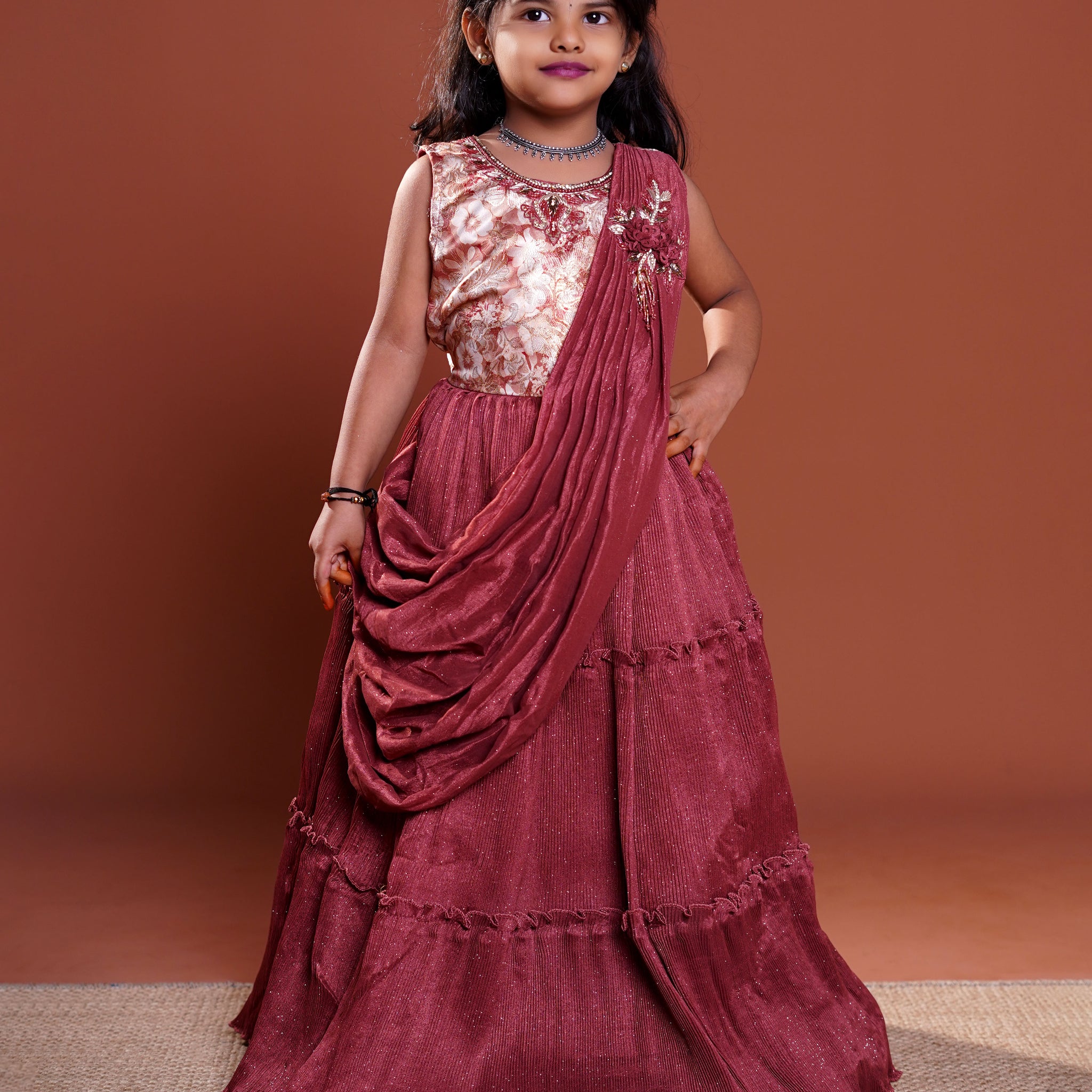 Elegant Girls' Festive Frock with Embellished Neckline and Draped - Multi