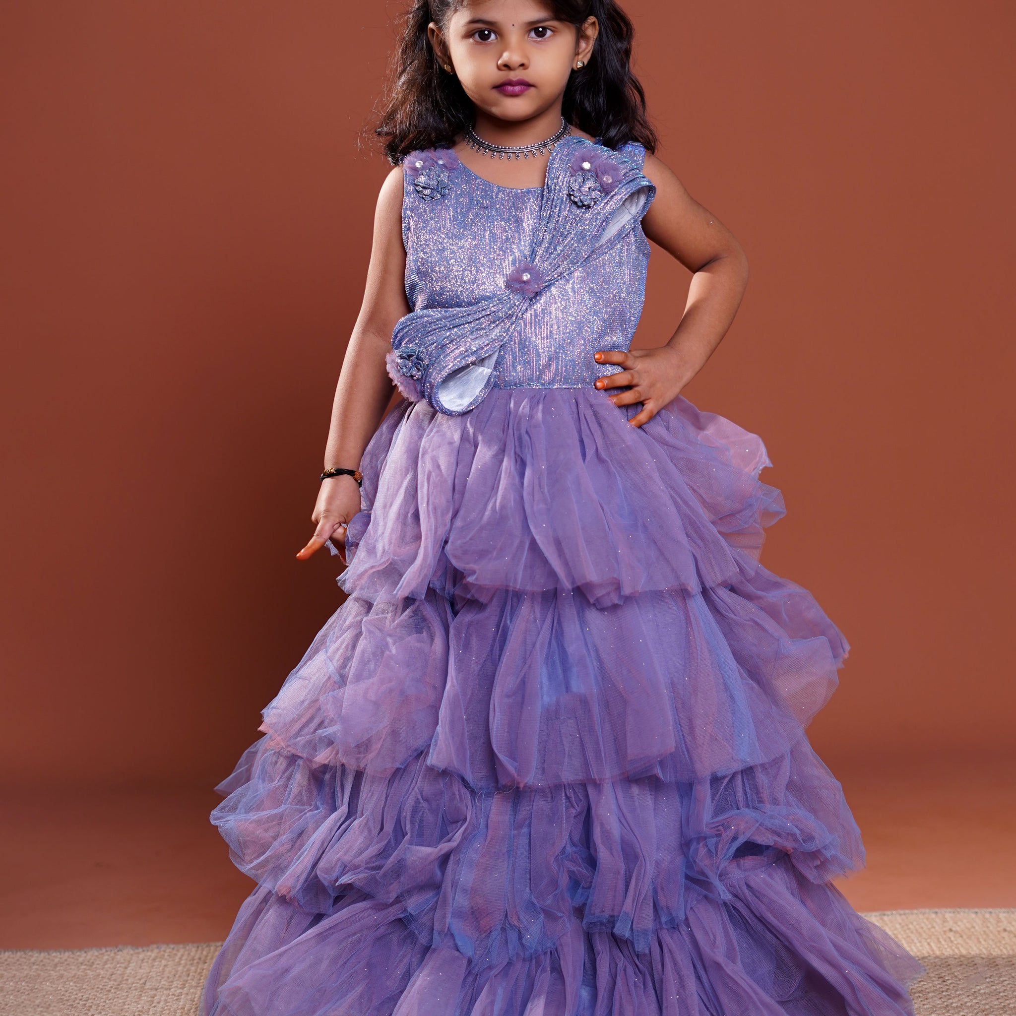 Girls' Sleeveless Layered Net Party Frock with Embellished  - Purple