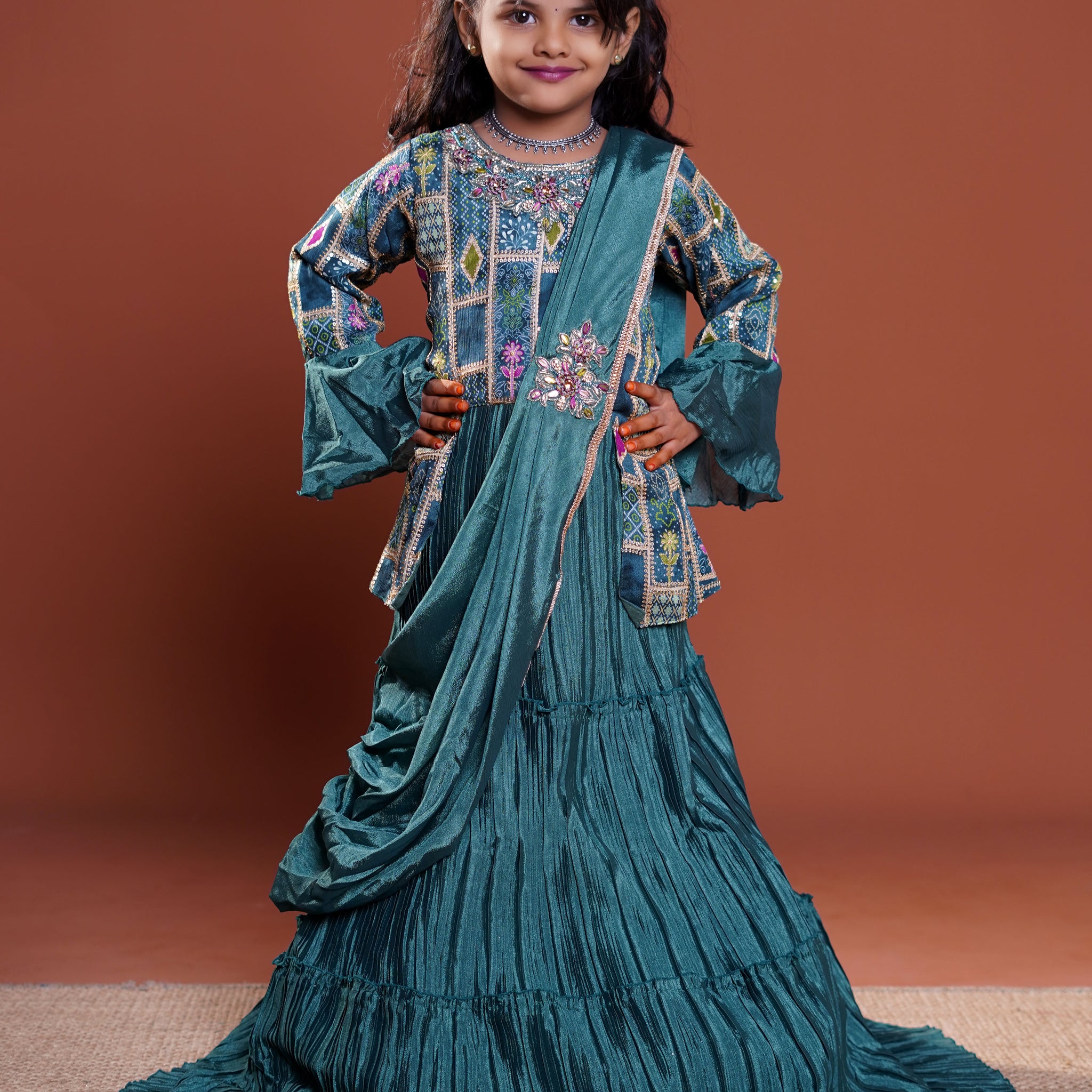 Girls' Ethnic Motifs Printed Ready-to-Wear Lehenga & Choli with Dupatta - Green