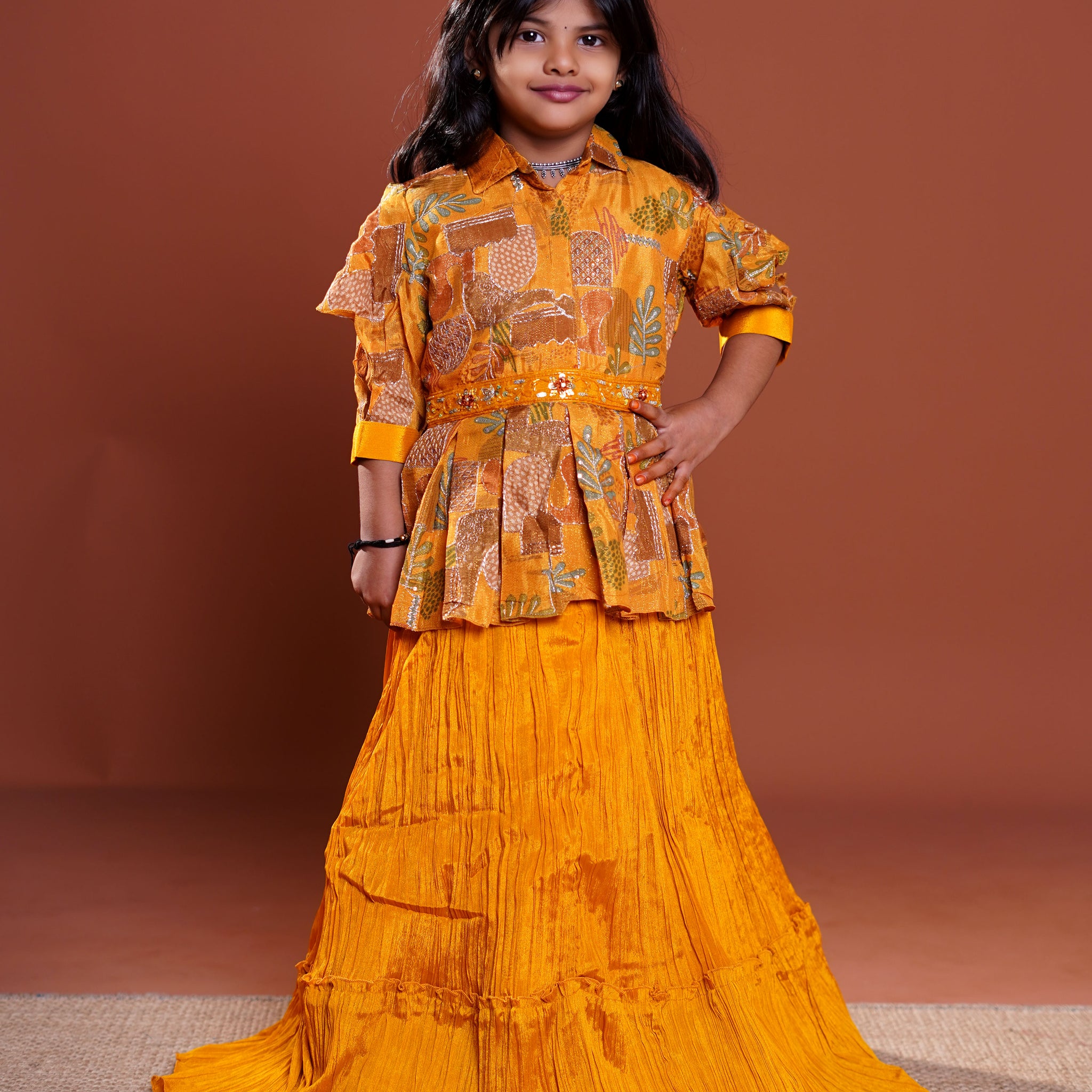 Girls Ethnic Printed Peplum Top & Pleated Skirt Set with Ruffled Sleeves Kids Choli - Yellow