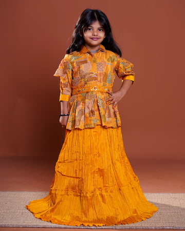 Girls Ethnic Printed Peplum Top & Pleated Skirt Set with Ruffled Sleeves Kids Choli - Yellow