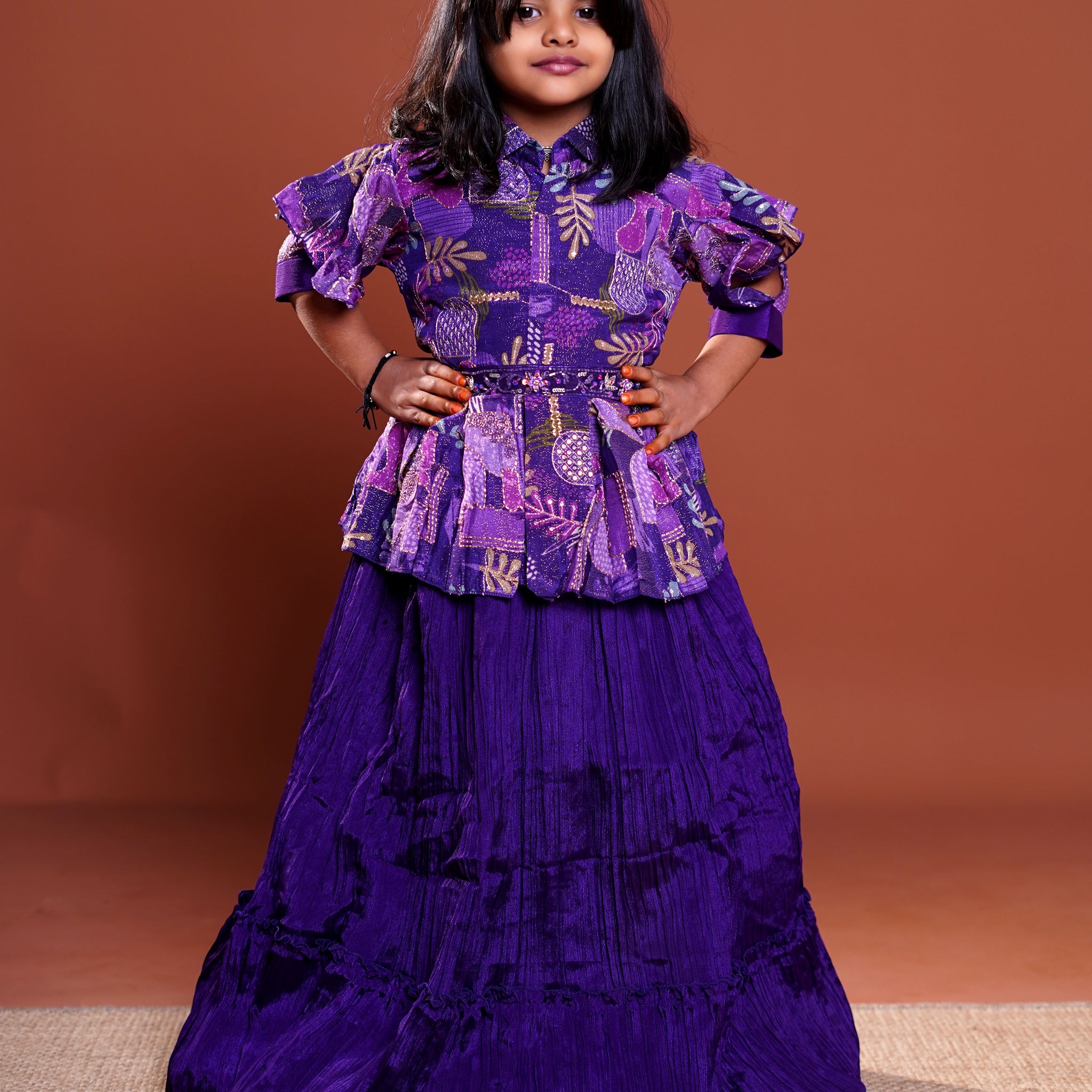 Girls Ethnic Printed Peplum Top & Pleated Skirt Set with Ruffled Sleeves Kids Choli - Purple