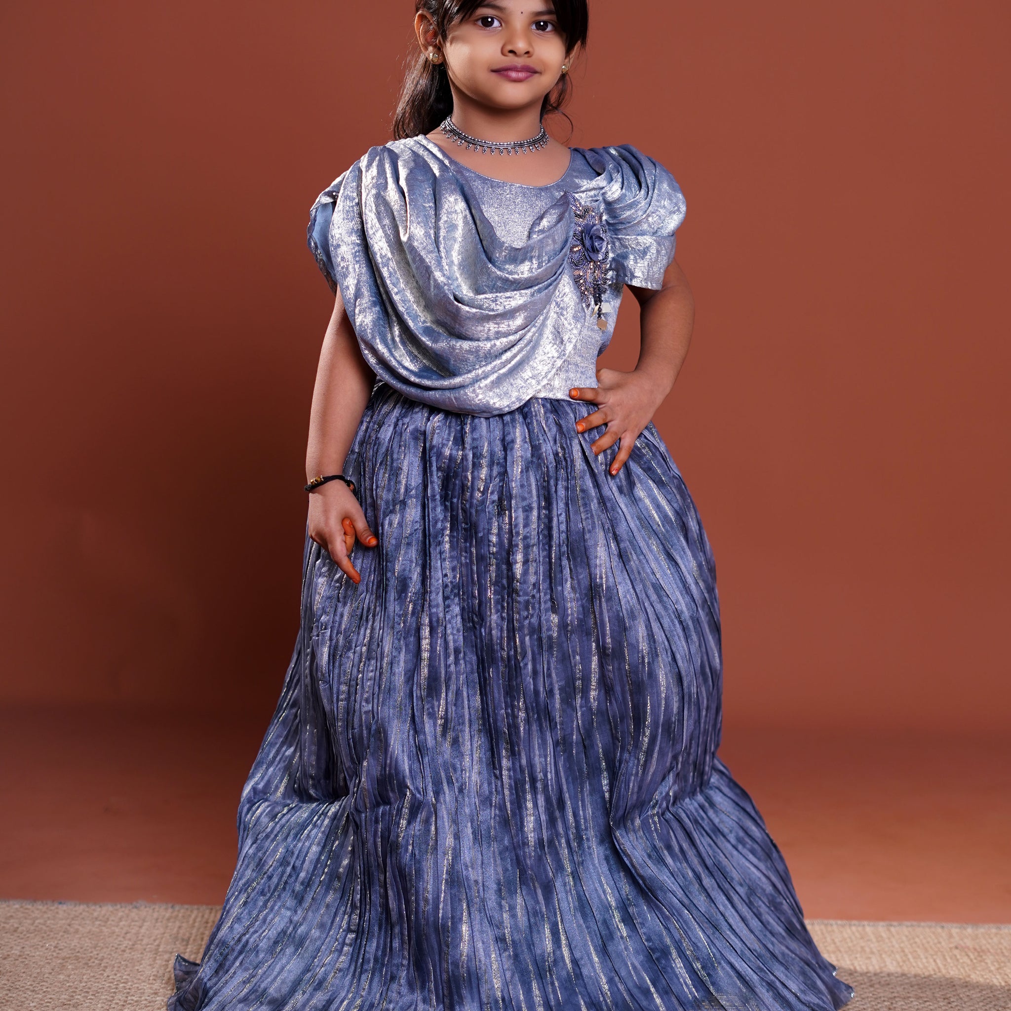 Girls Elegant Embellished Fit & Flare Frock - Blue
