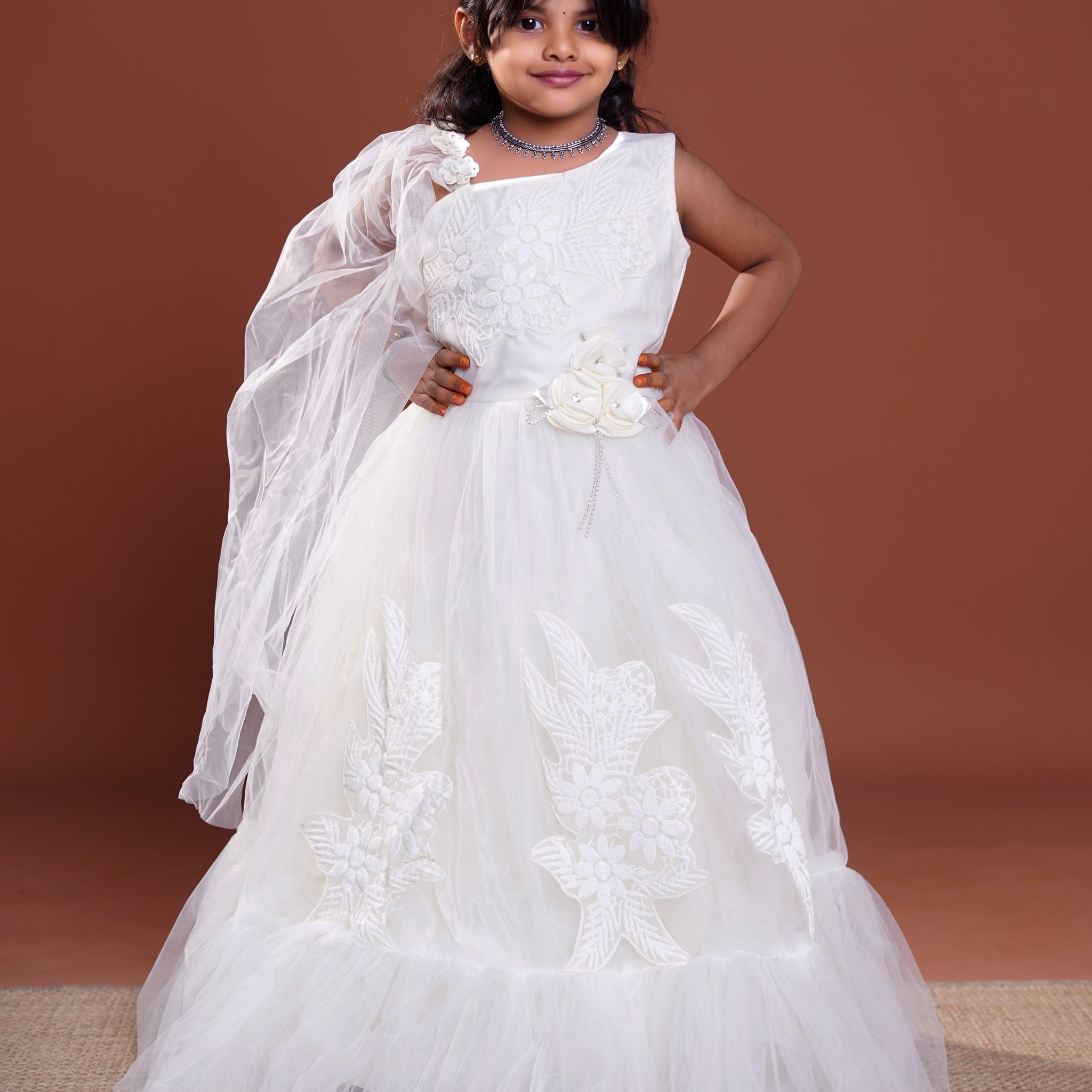 Girls Embellished Net Frock with Floral Appliqué & Cape - White