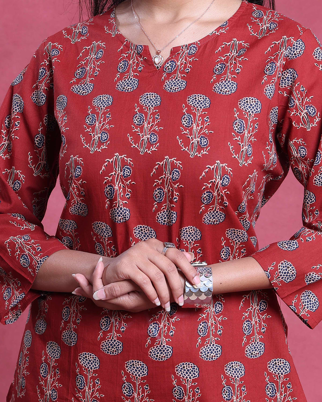 Women’s All-Over Floral Printed Nightwear Set with Top and Straight Pants - Red