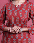 Women’s All-Over Floral Printed Nightwear Set with Top and Straight Pants - Red