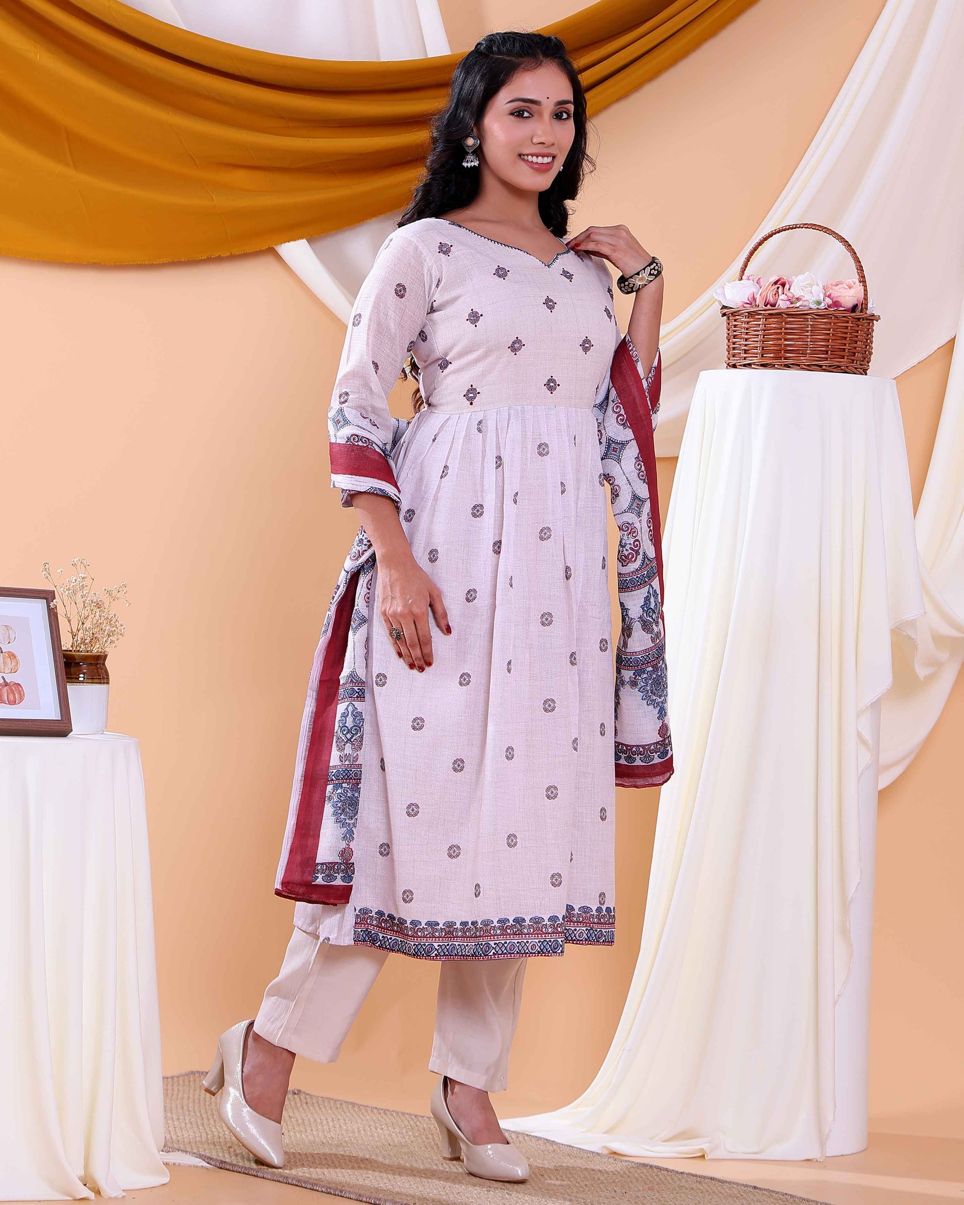 Stylish Women's Geometric Printed Anarkali Kurta Set with Dupatta - Sandal