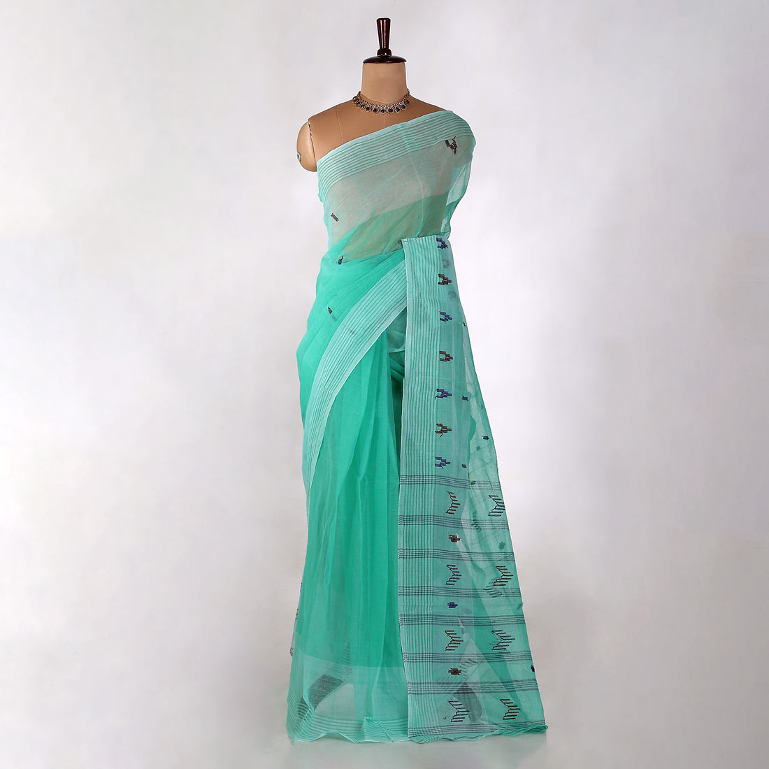 Aqua Blue Bengal Cotton Saree For Women | Daily Office Wear Summer Collection | Jeyachandran - Full View