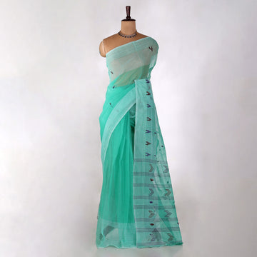 Aqua Blue Bengal Cotton Saree For Women | Daily Office Wear Summer Collection | Jeyachandran - Full View