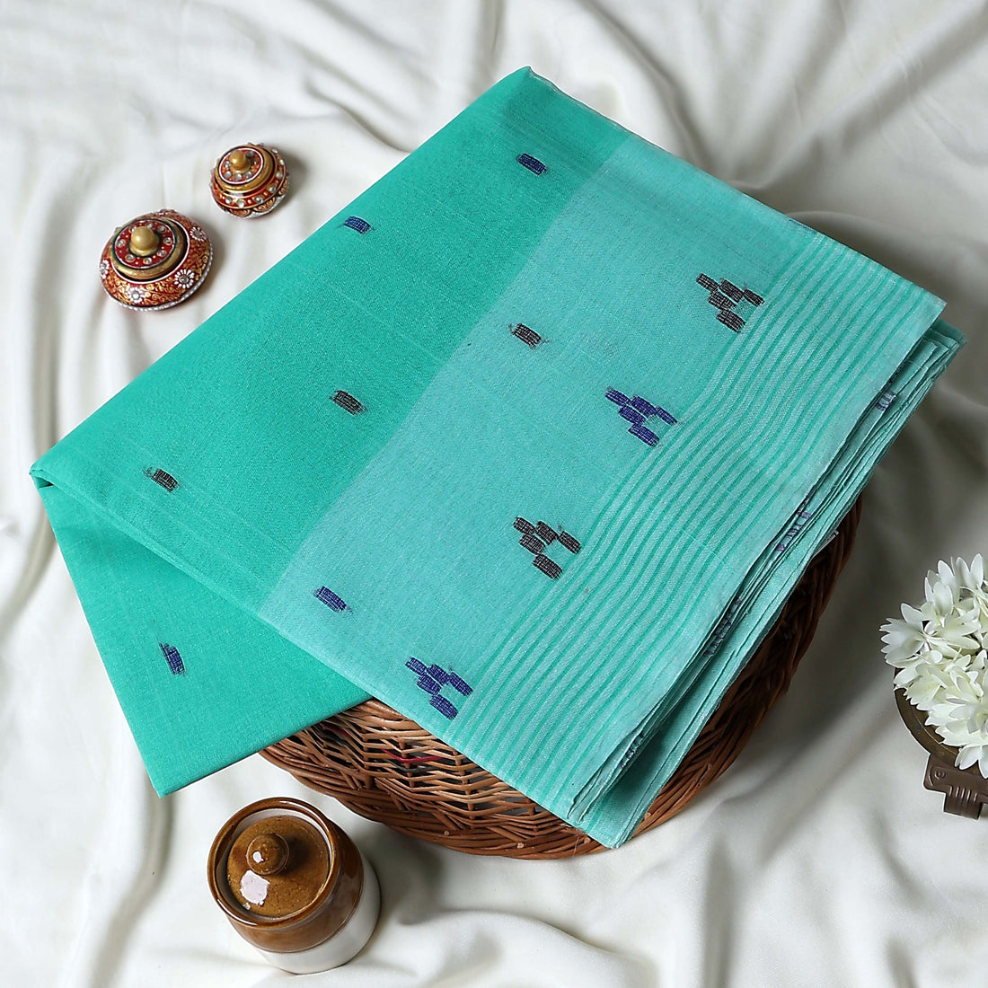 Aqua Blue Bengal Cotton Saree For Women | Daily Office Wear Summer Collection | Jeyachandran - Full View
