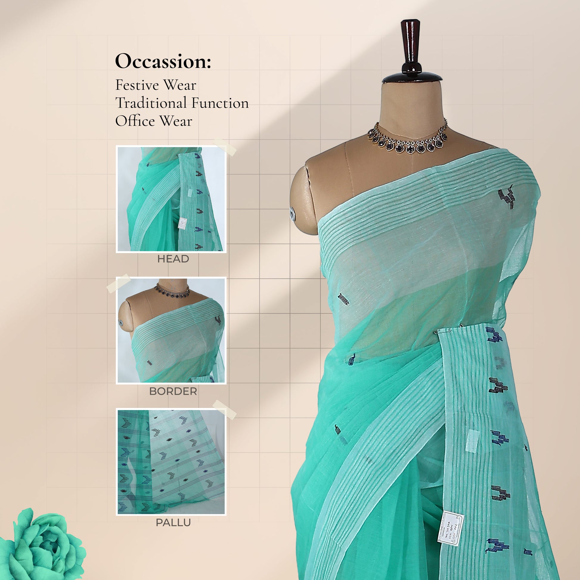 Aqua Blue Bengal Cotton Saree With White Striped Border And Woven Motifs Front Drape View On Mannequin