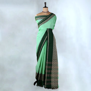 Aqua Green Mangalagiri Cotton Saree With Dark Green Zari Border And Woven Pallu - Full View