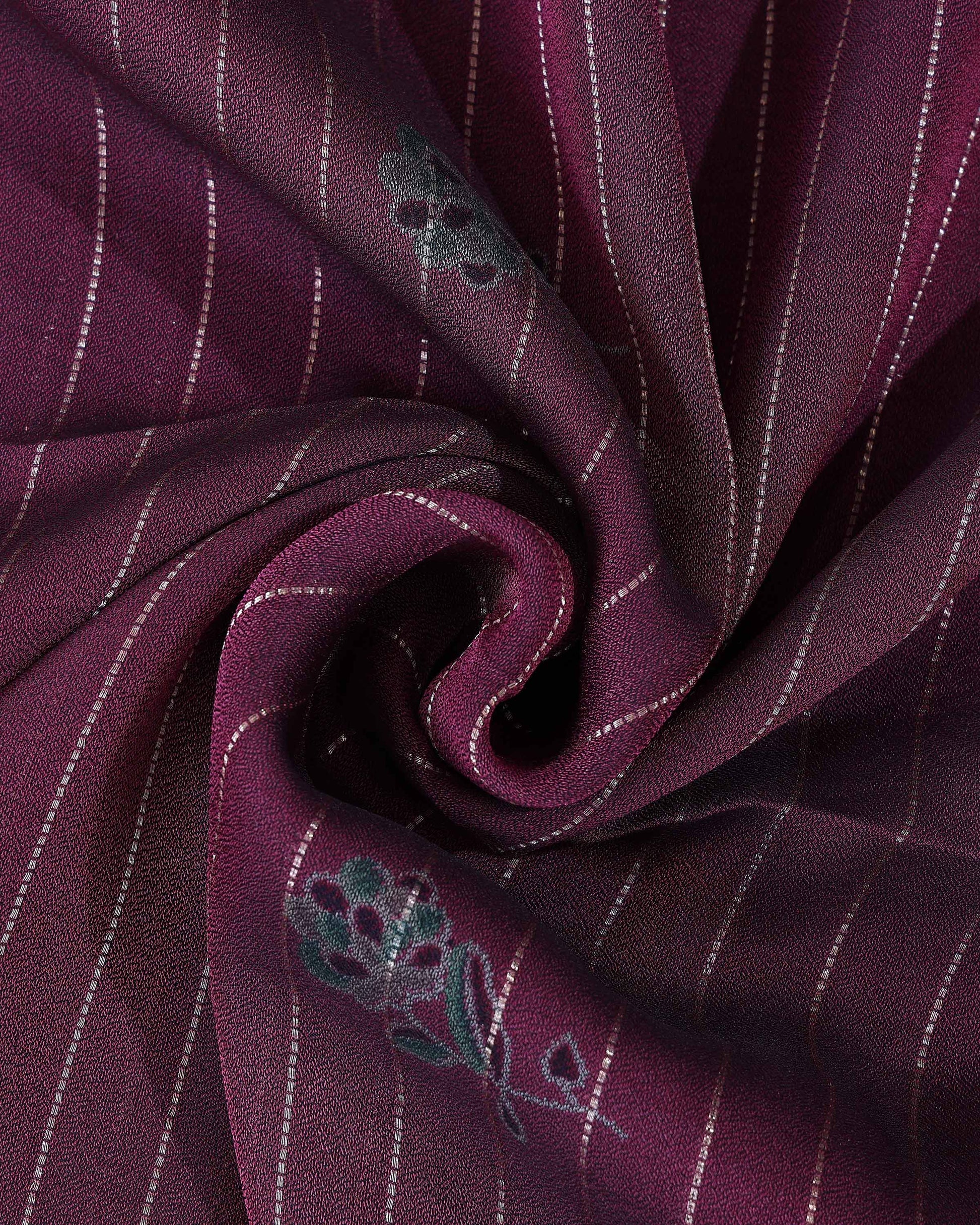 Authentic Dola Silk Saree with Floral Butta Motifs and Classic Stripe Design - Purple-Close Up