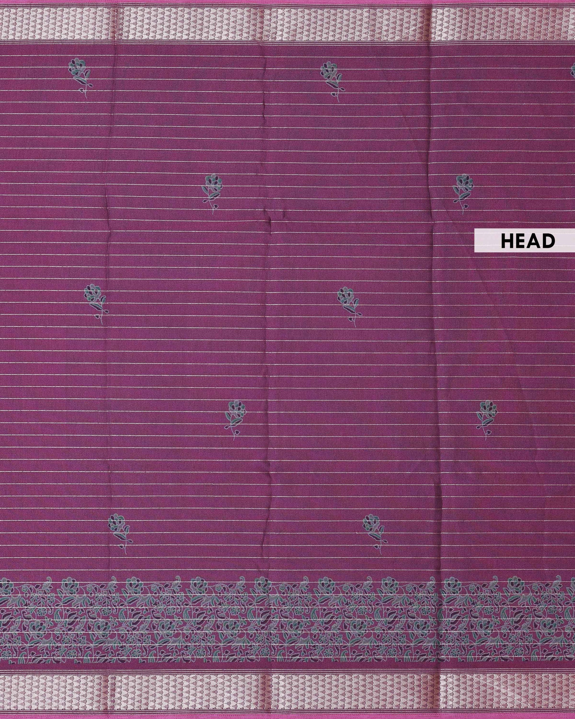 Authentic Dola Silk Saree with Floral Butta Motifs and Classic Stripe Design - Purple-Head
