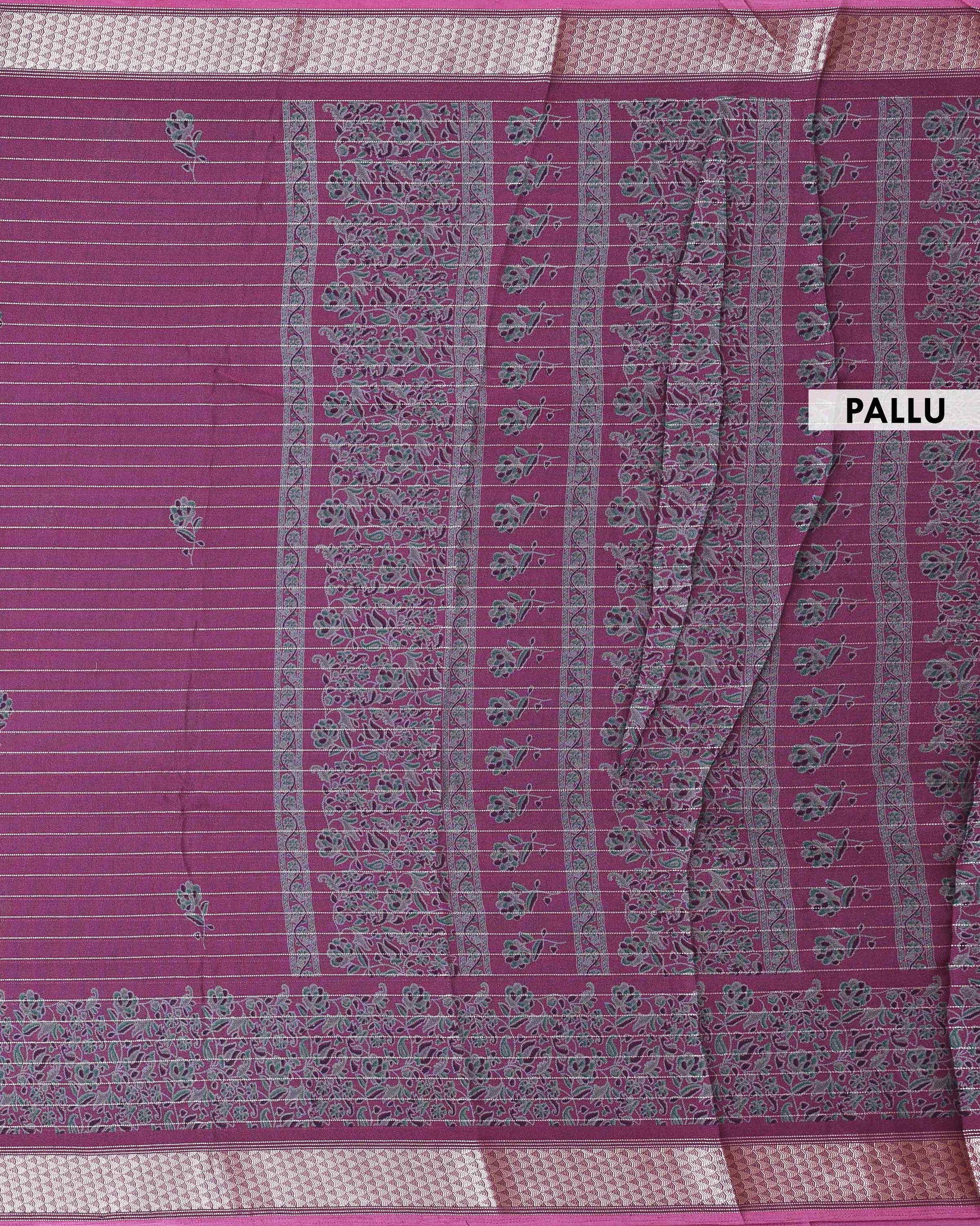 Authentic Dola Silk Saree with Floral Butta Motifs and Classic Stripe Design - Purple-Pallu